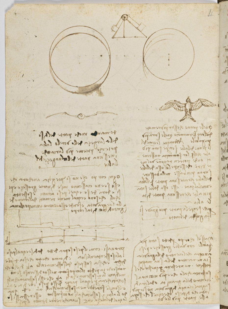 Fuglers flykode, c. 1505-06, papirmanuskript, cc. 18, ark 4 verso av Leonardo da Vinci