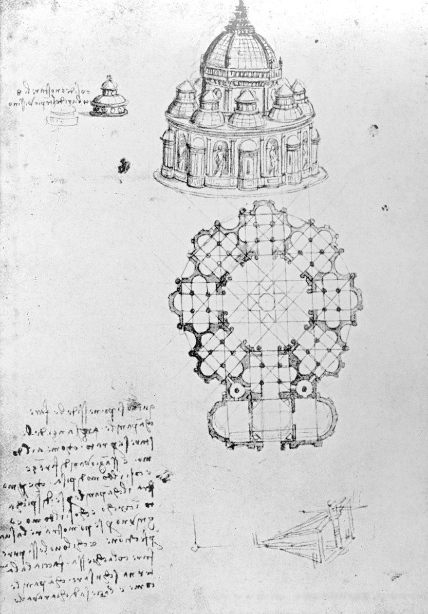 Sentralisert kirke, og sjøfartsteknikk, Fol. 5v fra Codex Ashburnham (tidligere del av manuskript B (2184), ca. 1488 av Leonardo da Vinci
