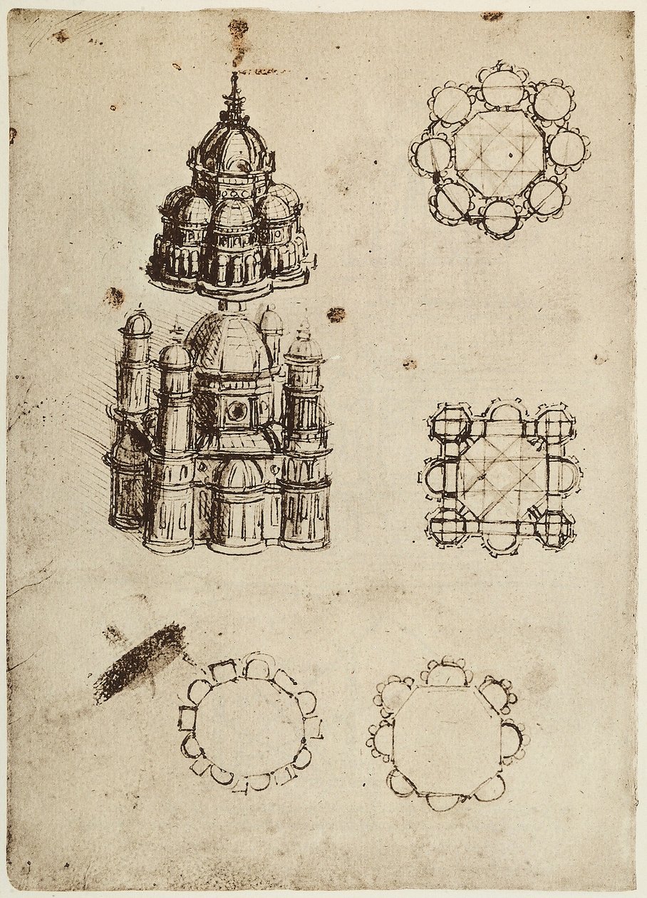 Sentralt planlagte bygninger, tegning av Leonardo da Vinci, del av Codex B (2173), c.25v, plassert ved Institut de France, Paris av Leonardo da Vinci