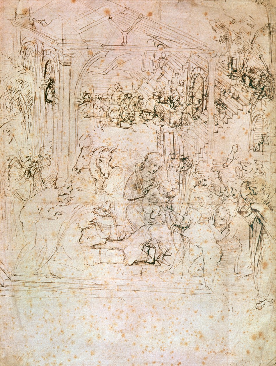 Komposisjonsskisse for The Adoration of the Magi, 1481 (penn og blekk på papir) av Leonardo da Vinci