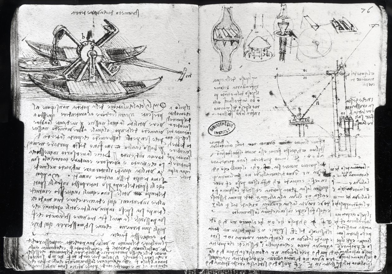 Design for mudderverk og diverse hydrauliske maskiner, fol. 75v og 76r fra Paris Manuscript E, 1513-14 (penn og blekk på papir) av Leonardo da Vinci