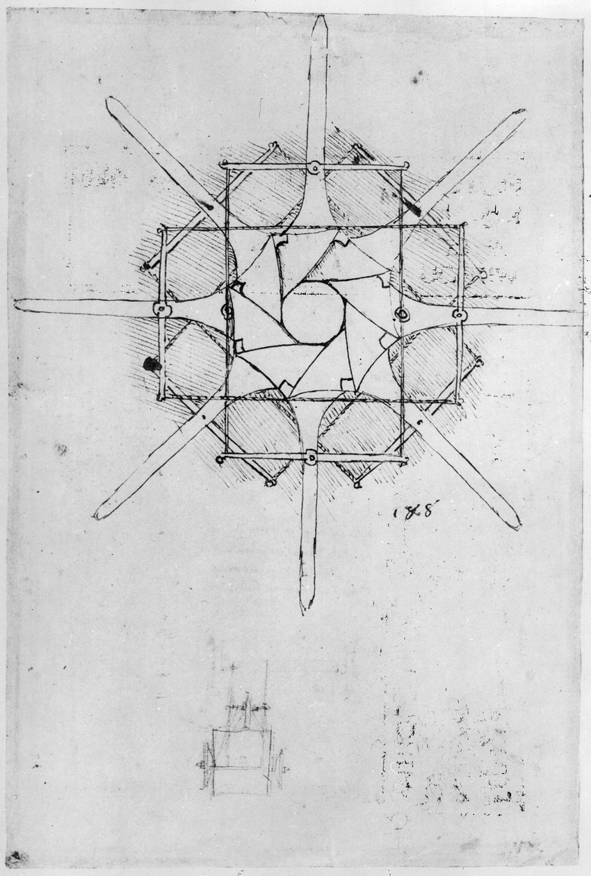 Design for et sammenleggbart Capstan-håndtak, Fol. 376v-c (penn og blekk på papir) av Leonardo da Vinci