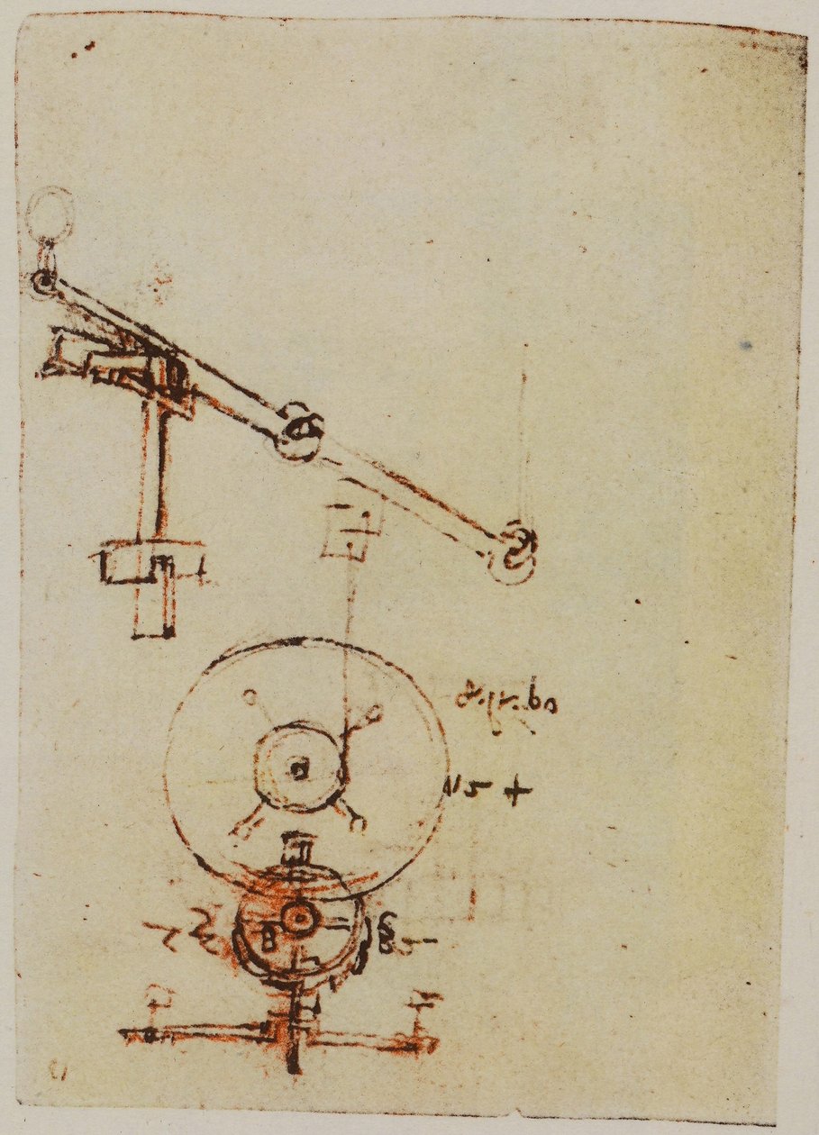 Design for å lage hjul og gir, illustrasjon fra Codex Forster II av Leonardo da Vinci