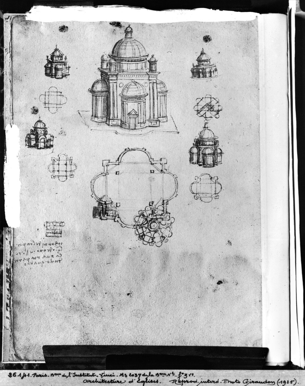 Tegninger for sentralt planlagt kirke, fol. 3v fra Codex Ashburnham I og II (tidligere del av manuskript B (2184)), ca. 1492 av Leonardo da Vinci