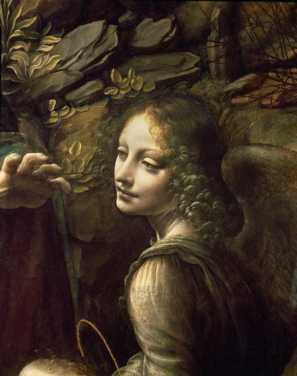 Detalj av engelen, fra The Virgin of the Rocks (Jomfruen med spedbarnet St. John som tilber spedbarnet Kristus akkompagnert av en engel), ca. 1508 av Leonardo da Vinci