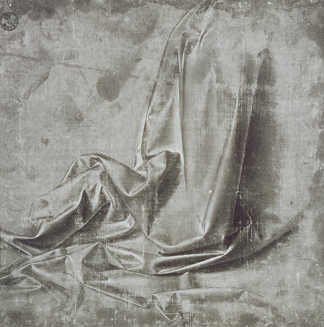 Draperistudie for en knelende figur i Profil Perdu til høyre, ca. 1472-75 (pensel und grå tempera med hvitt på lerret) av Leonardo da Vinci