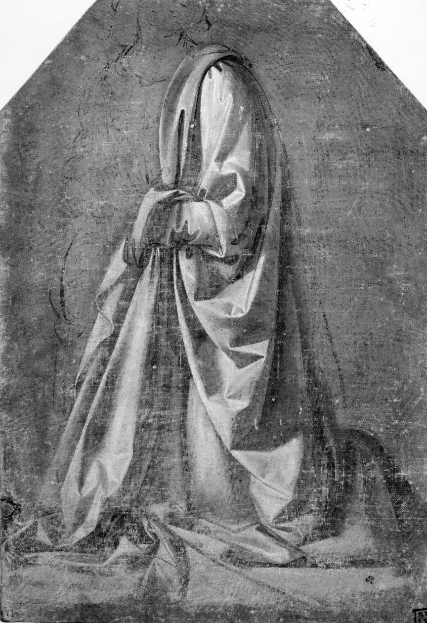 Draperistudie for en knelende figur sett i trekvart profil til venstre, ca. 1475 (tempera med hvit forhøyning på lerret) av Leonardo da Vinci
