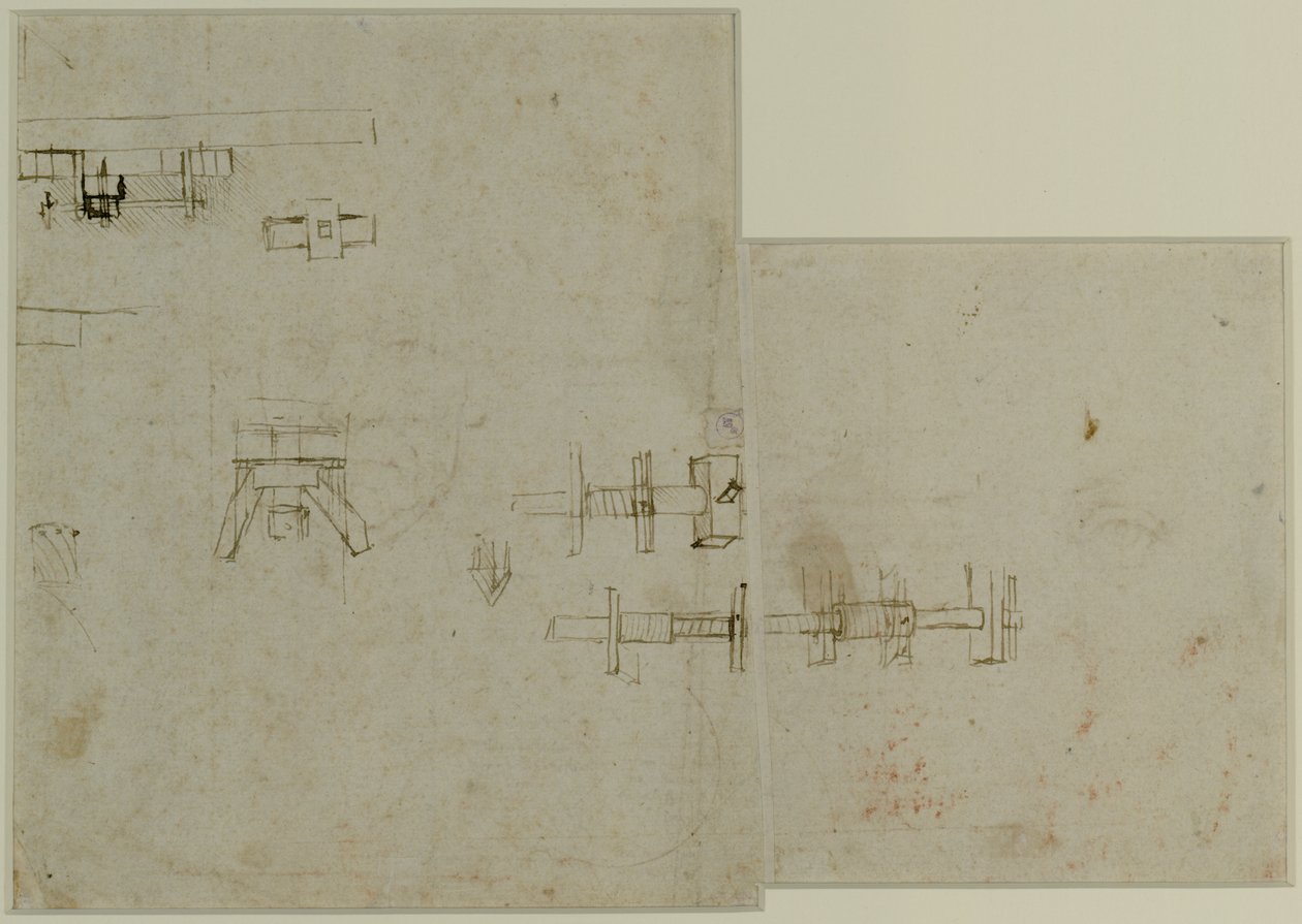 Elementer til en maskin, c. 1489-90 (penn og brunt blekk på papir) av Leonardo da Vinci