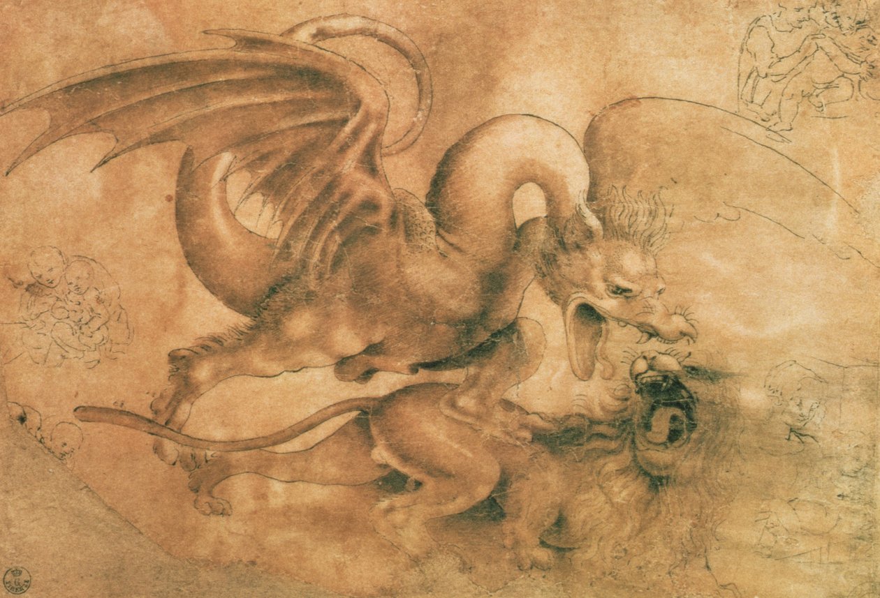 Kamp mellom en drage og en løve (brunt blekk med vask på papir) av Leonardo da Vinci