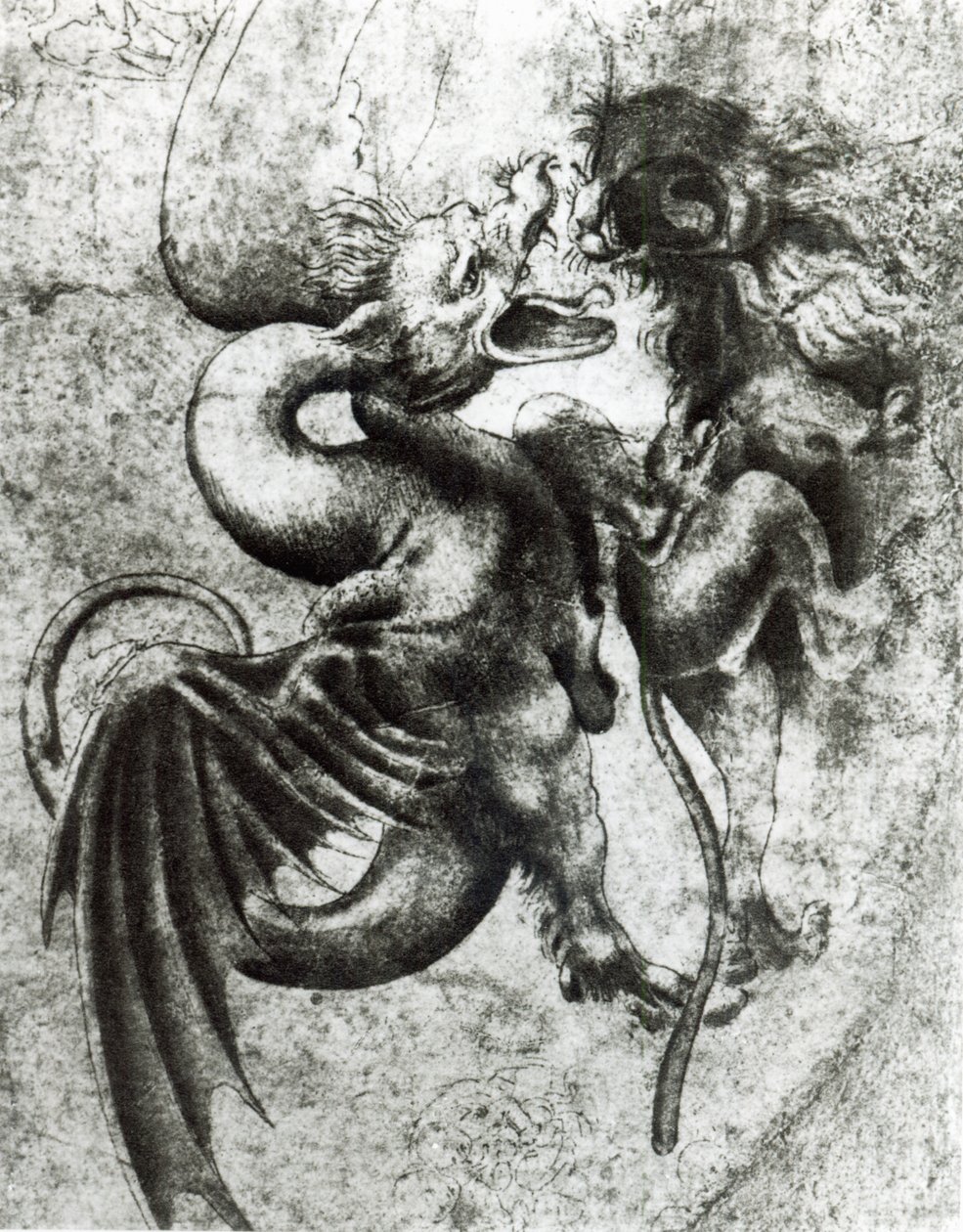 Kamp mellom en drage og en løve (brunt blekk med vask på papir) av Leonardo da Vinci