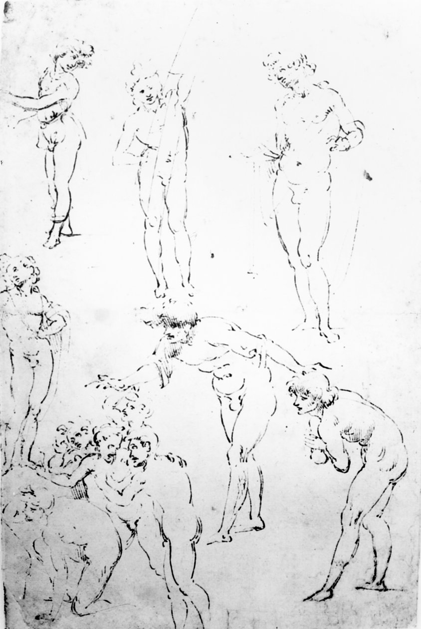 Figural Studies for the Adoration of the Magi, ca. 1481 (penn og blekk på papir) av Leonardo da Vinci