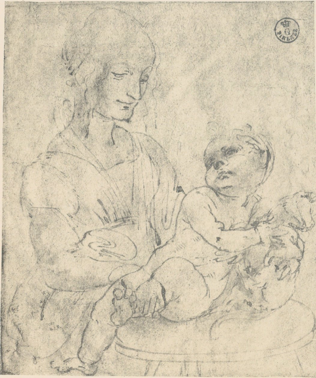 Jomfruen og barnet stryker en kattunge, tegning av Leonardo da Vinci i Uffizi -galleriet av Leonardo da Vinci