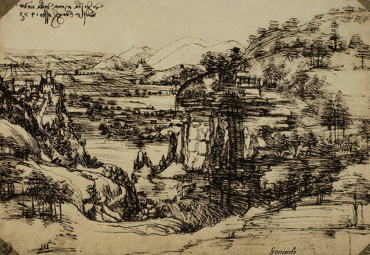 Landskapet i Arno-dalen, penn på papir, Leonardo da Vinci (1452-1519), Cabinet of Drawings and Prints, Uffizi Gallery, Firenze av Leonardo da Vinci