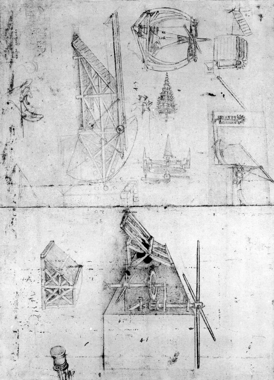 Maskindesign, fol. 394v (penn og blekk på papir) av Leonardo da Vinci
