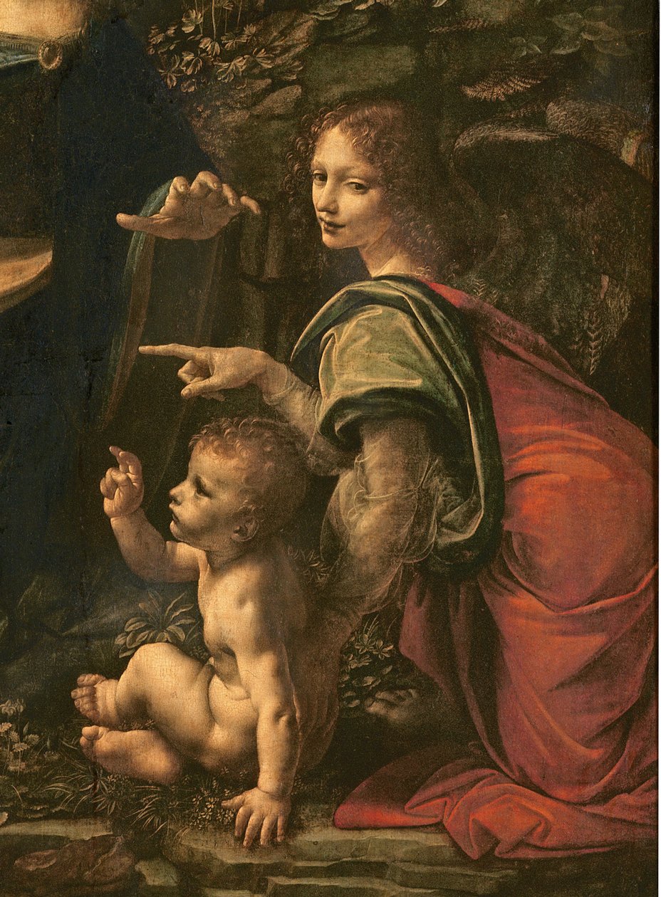 Madonna of the Rocks detalj av Saint John and the Angel, 1483-6 olje på lerret av Leonardo da Vinci