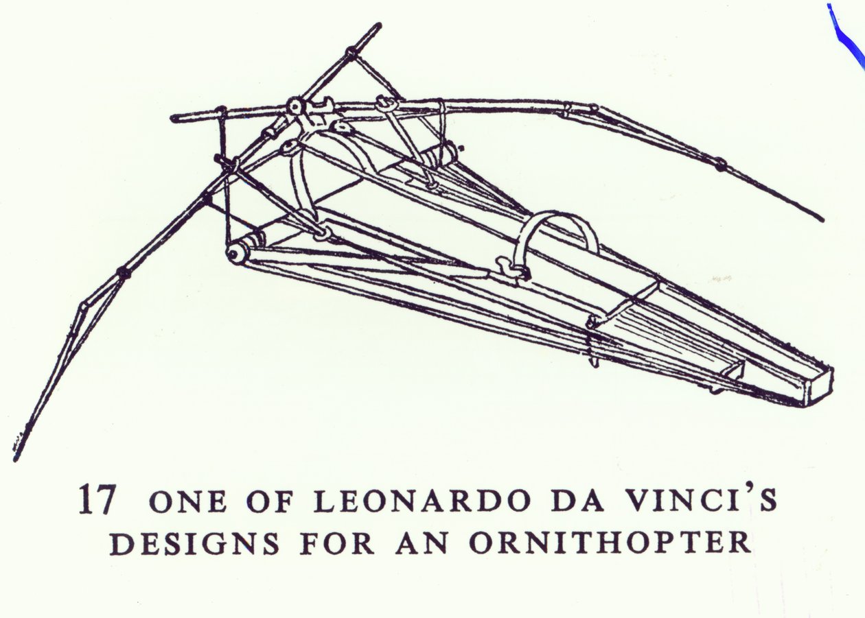 En av Leonardo da Vincis design for en ornithopter, kopi av et diagram fra manuskript B, 1488-89 av Leonardo da Vinci