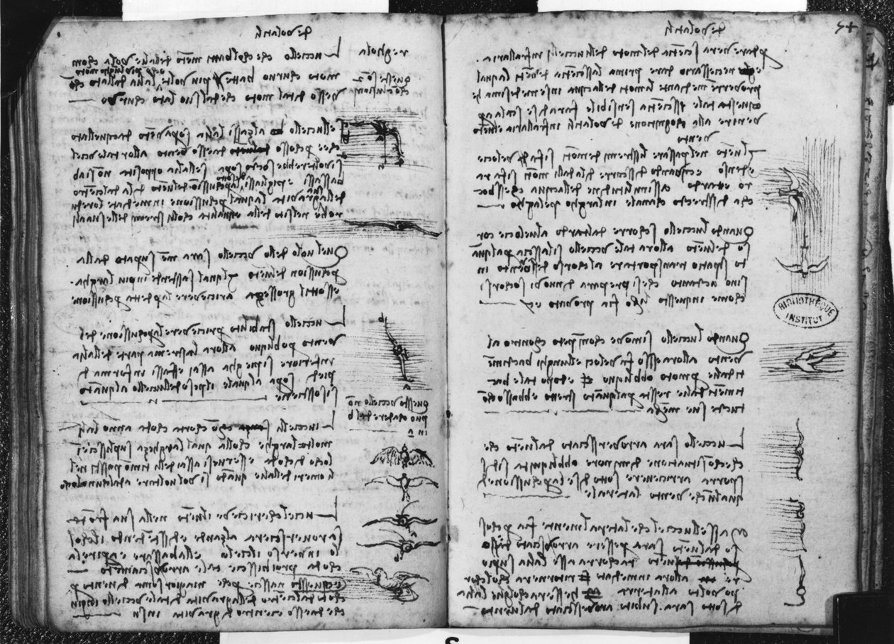 Paris-manuskript E, fol. 53v og 54r: Skisse som viser fuglenes flukt, 1513-14 (penn og blekk på papir) av Leonardo da Vinci