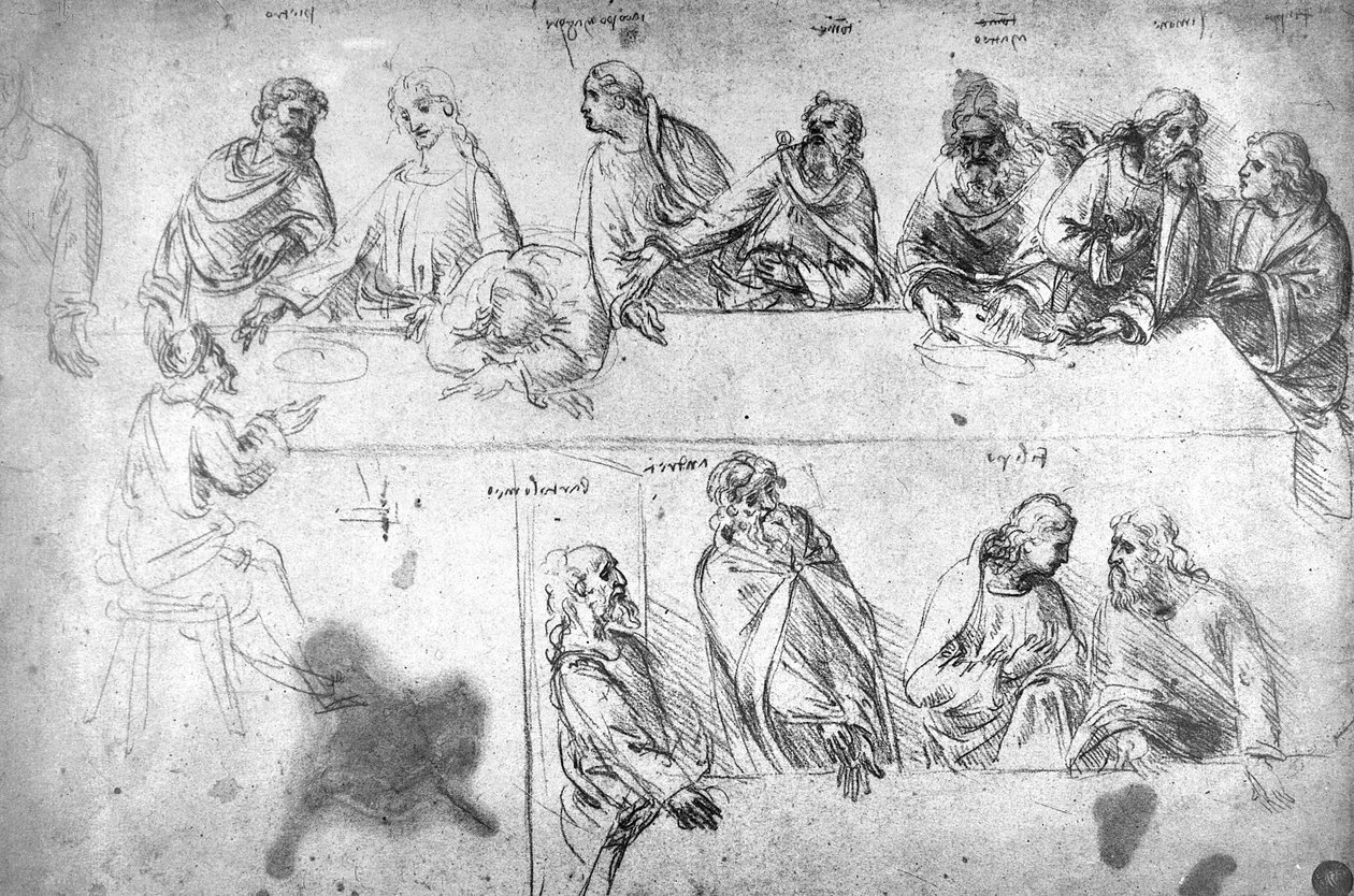 Forberedende tegning til nattverden (sepia-blekk på linpapir) av Leonardo da Vinci