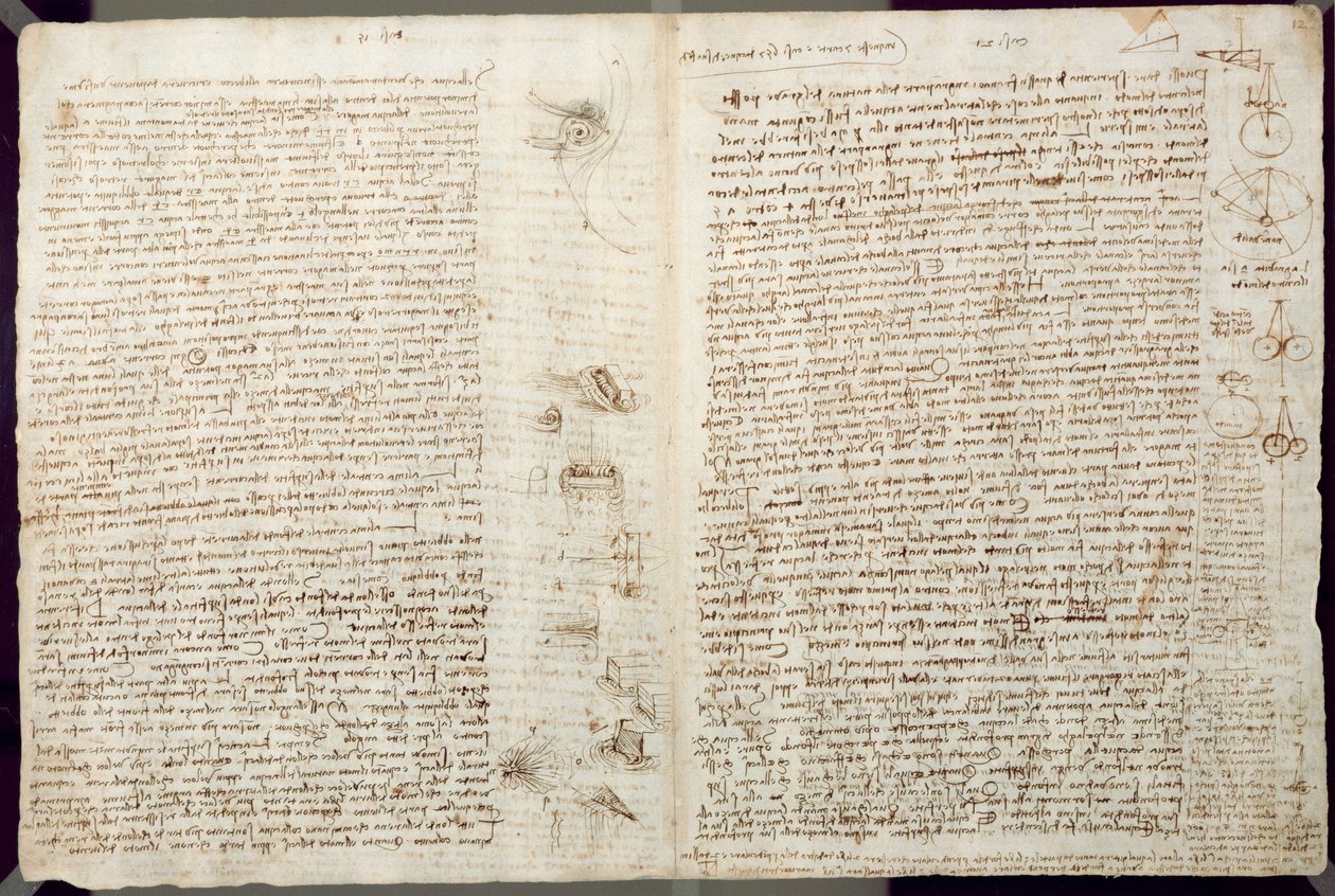 Vitenskapelige diagrammer, fra Codex Leicester, 1508-12 (sepia blekk på linpapir) av Leonardo da Vinci