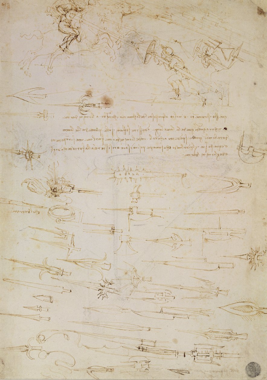 Ark med studier av fotsoldater og ryttere i kamp, og halbarder, 1485-1488 (penn og blekk på papir) av Leonardo da Vinci