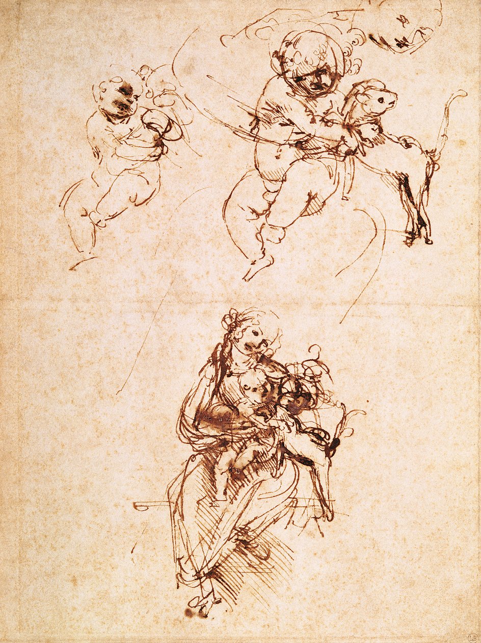 Studier for en Madonna med en katt, ca. 1478-80 (penn og blekk på papir) av Leonardo da Vinci