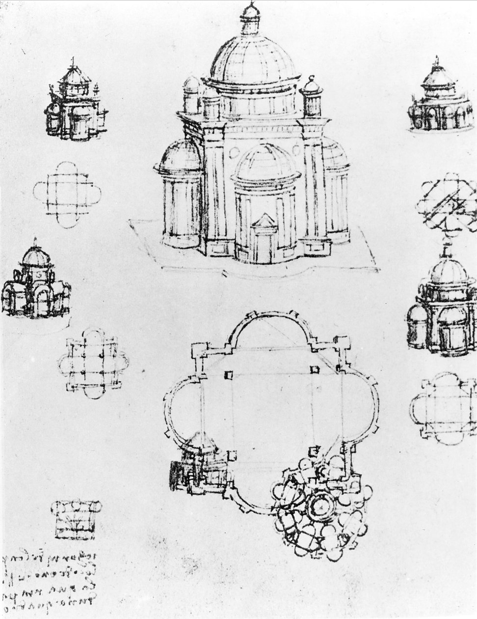 Studier for et bygg av en sentralisert plan, detalj av fol. 3v fra Codex Ashburnham I og II tidligere del av manuskript B 2184, c.1492 penn og blekk på papir av Leonardo da Vinci