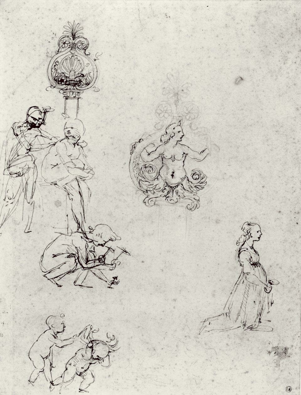 Studier av figurer og dekorasjoner, ca. 1480-82 (penn & blekk og metallspiss) av Leonardo da Vinci