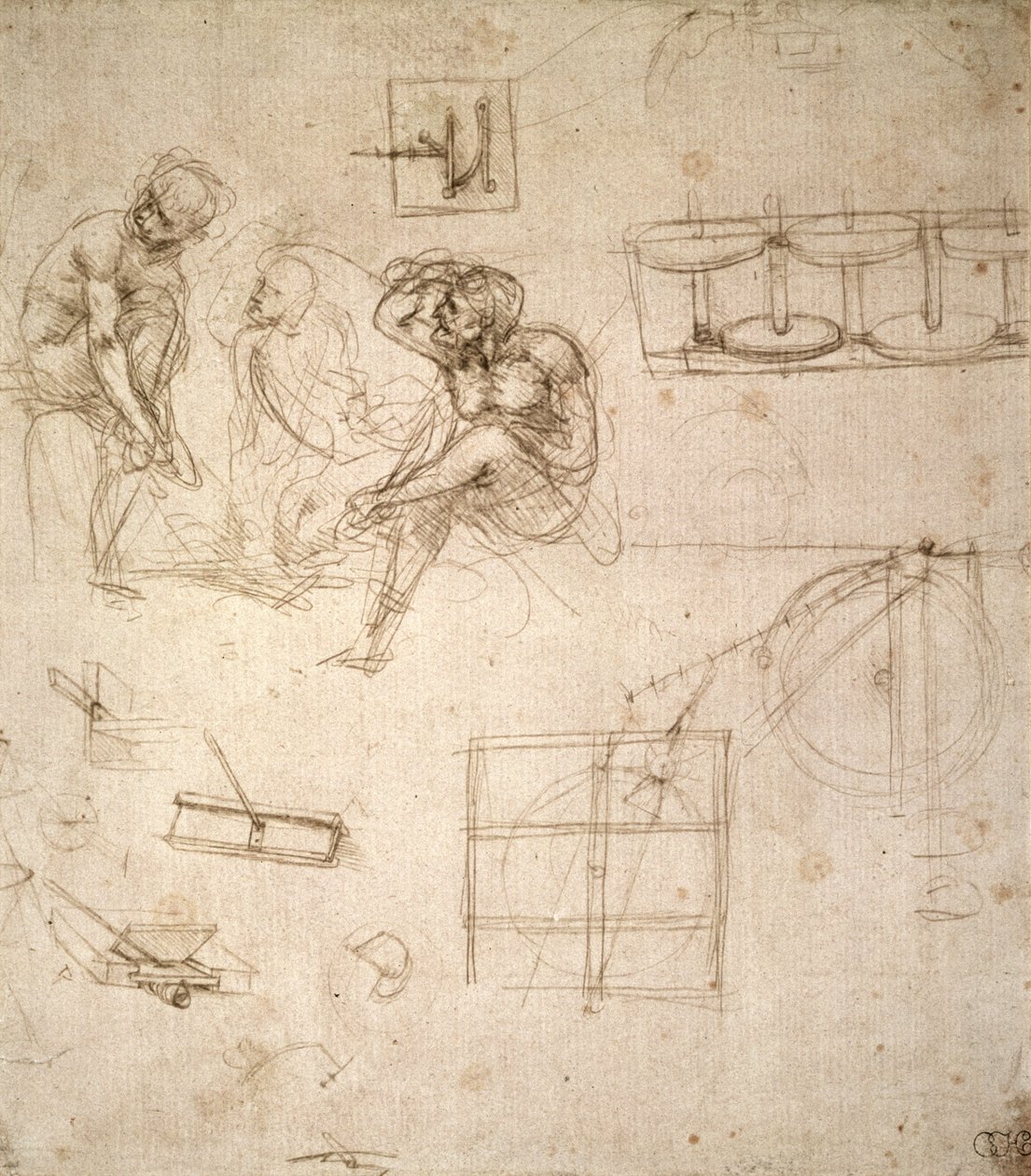Studier av figurer og maskiner (sølvpunkt på papir) av Leonardo da Vinci