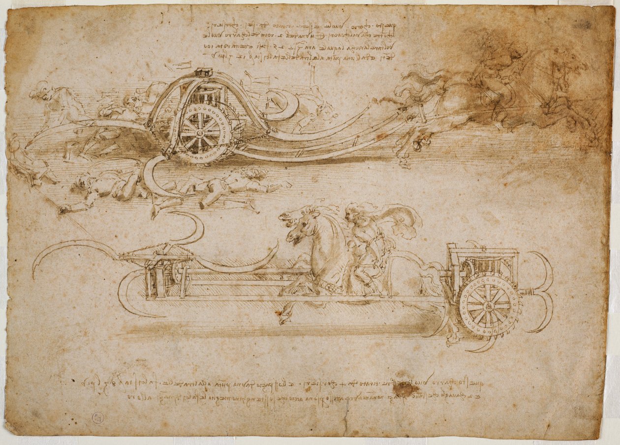 Studier av angrepstanker med ljåer, ca. 1485 (penn og brunt blekk med spor av metalltupp på papir) av Leonardo da Vinci