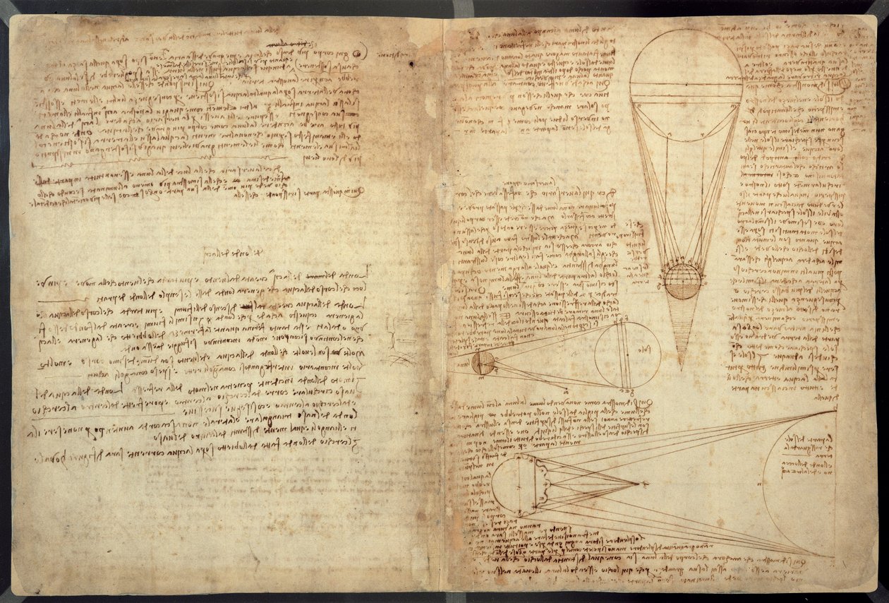 Studies of the Illumination of the Moon, En side fra Codex Leicester, 1508-12 (sepia blekk på linpapir) av Leonardo da Vinci