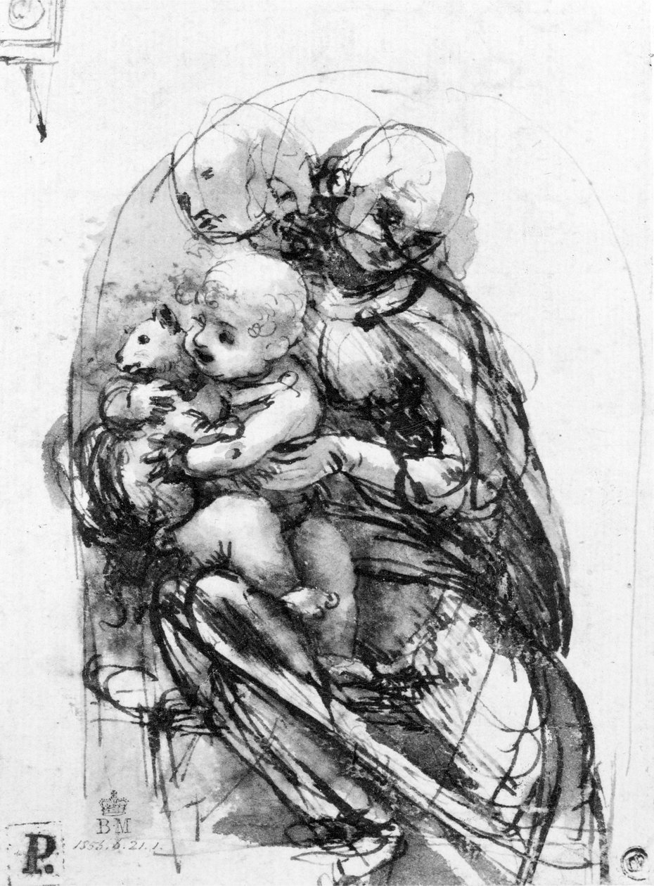 Studie for en Madonna med en katt, ca. 1478-80 (penn og blekk over pekepenn undertegning på papir) av Leonardo da Vinci