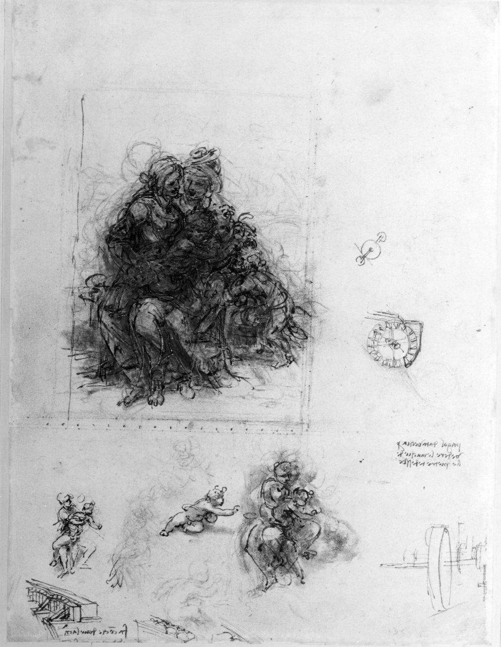 Studie for jomfruen og barnet med St. Anne, ca. 1501 (penn og blekk over svart kritt på papir) av Leonardo da Vinci