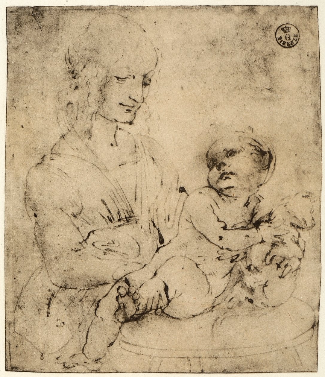 Studie av en Madonna og et barn (svart blekk på papir) av Leonardo da Vinci