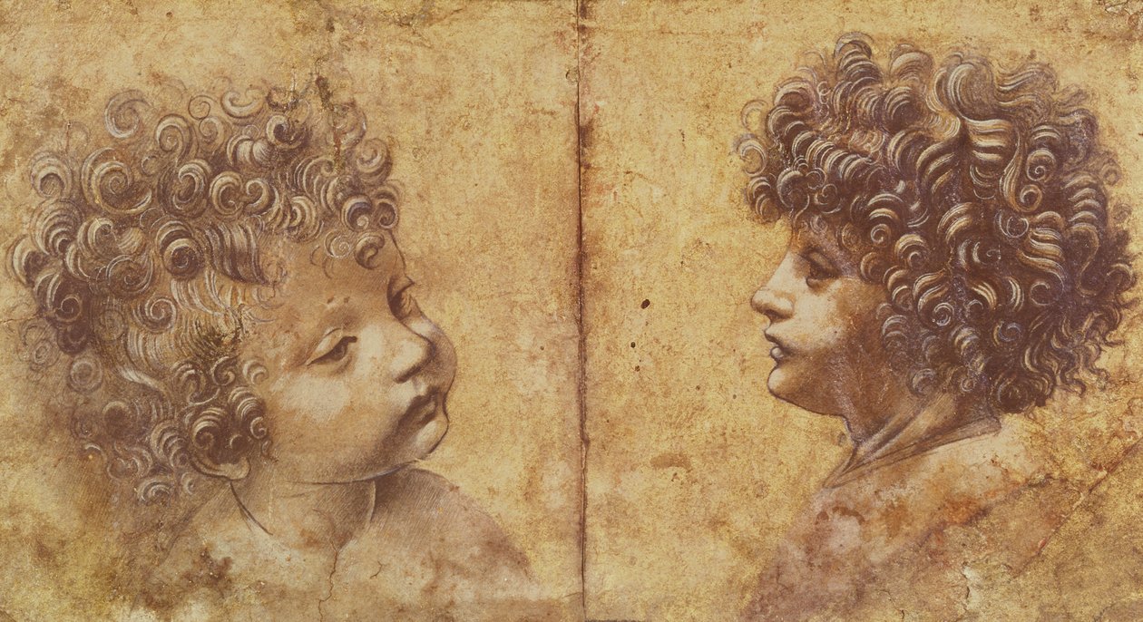 Studie av et barns hode (rødt kritt forhøyet med hvitt på papir) av Leonardo da Vinci