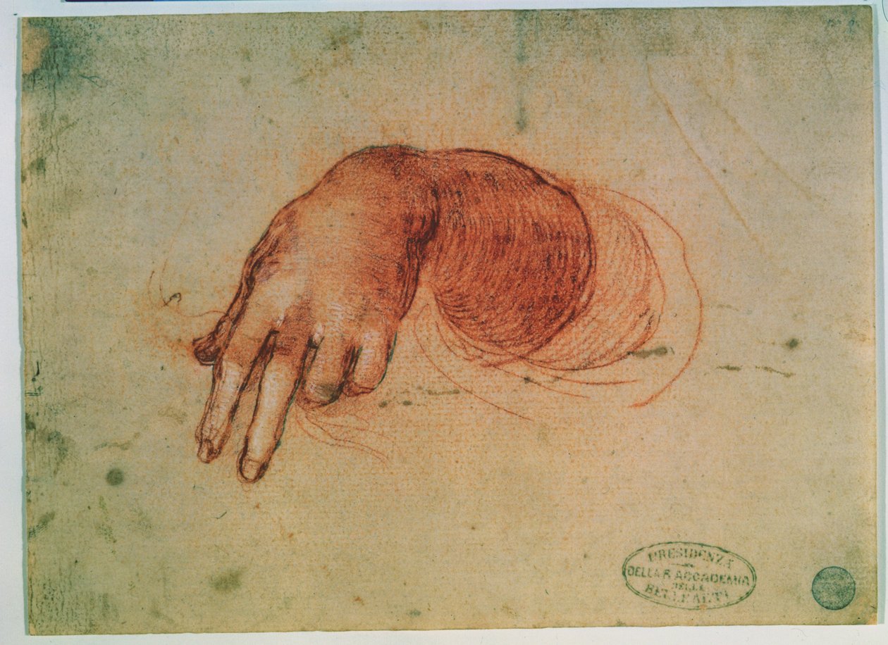 Studie av en hånd (rødt kritt på papir) av Leonardo da Vinci