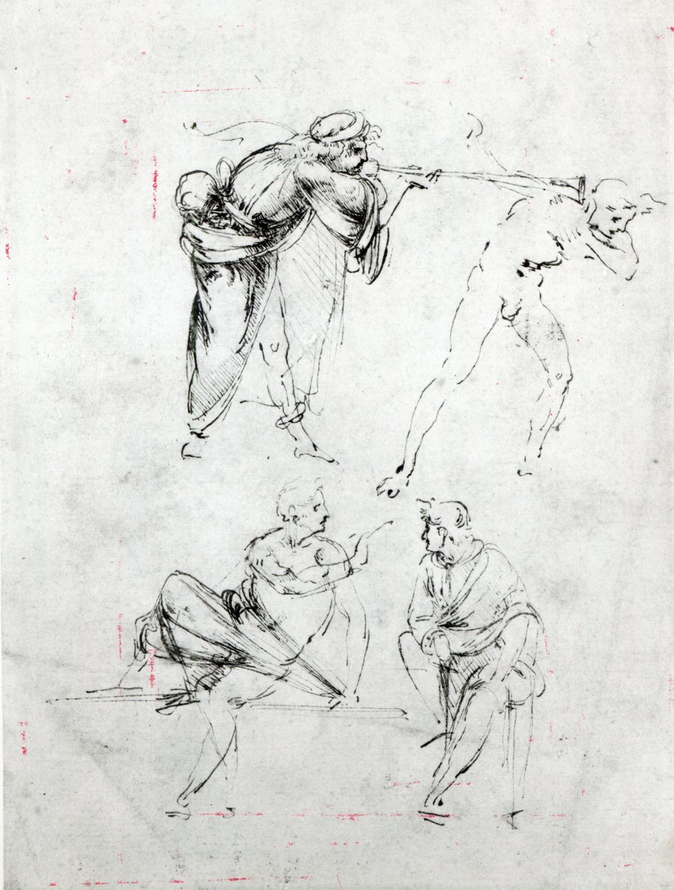 Studie av en mann som blåser en trompet i en annens øre, og to figurer i samtale, ca. 1480-82 (penn og blekk på papir) av Leonardo da Vinci