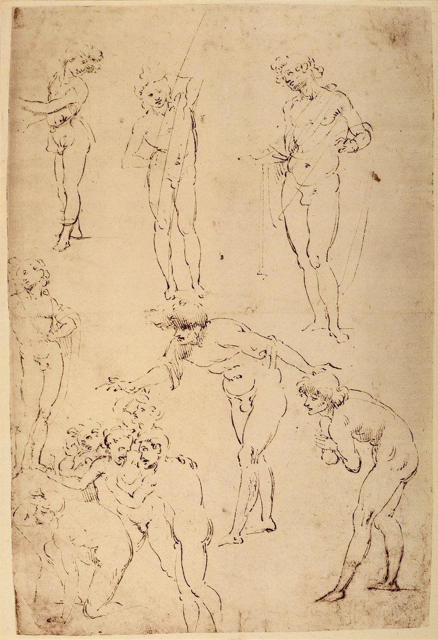 Studie av gjetere for tilbedelse av magiene; penntegning på hvitt papir av Leonardo da Vinci bevart i Wallraf-Richartz-museet i Köln. av Leonardo da Vinci
