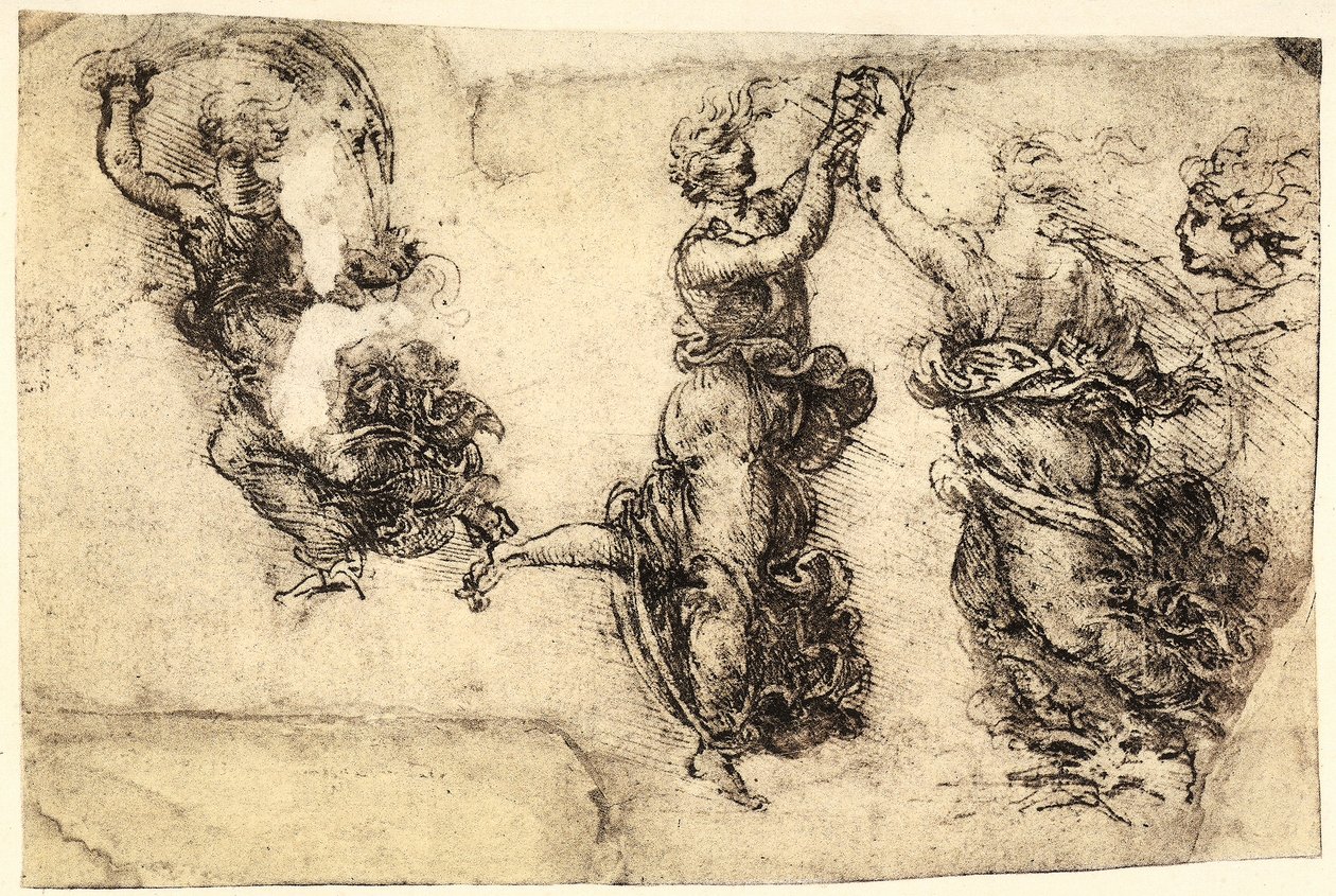 Studie av noen dansende kvinnefigurer; penntegning på papir ble gult av Leonardo da Vinci og bevart på Galleria dell