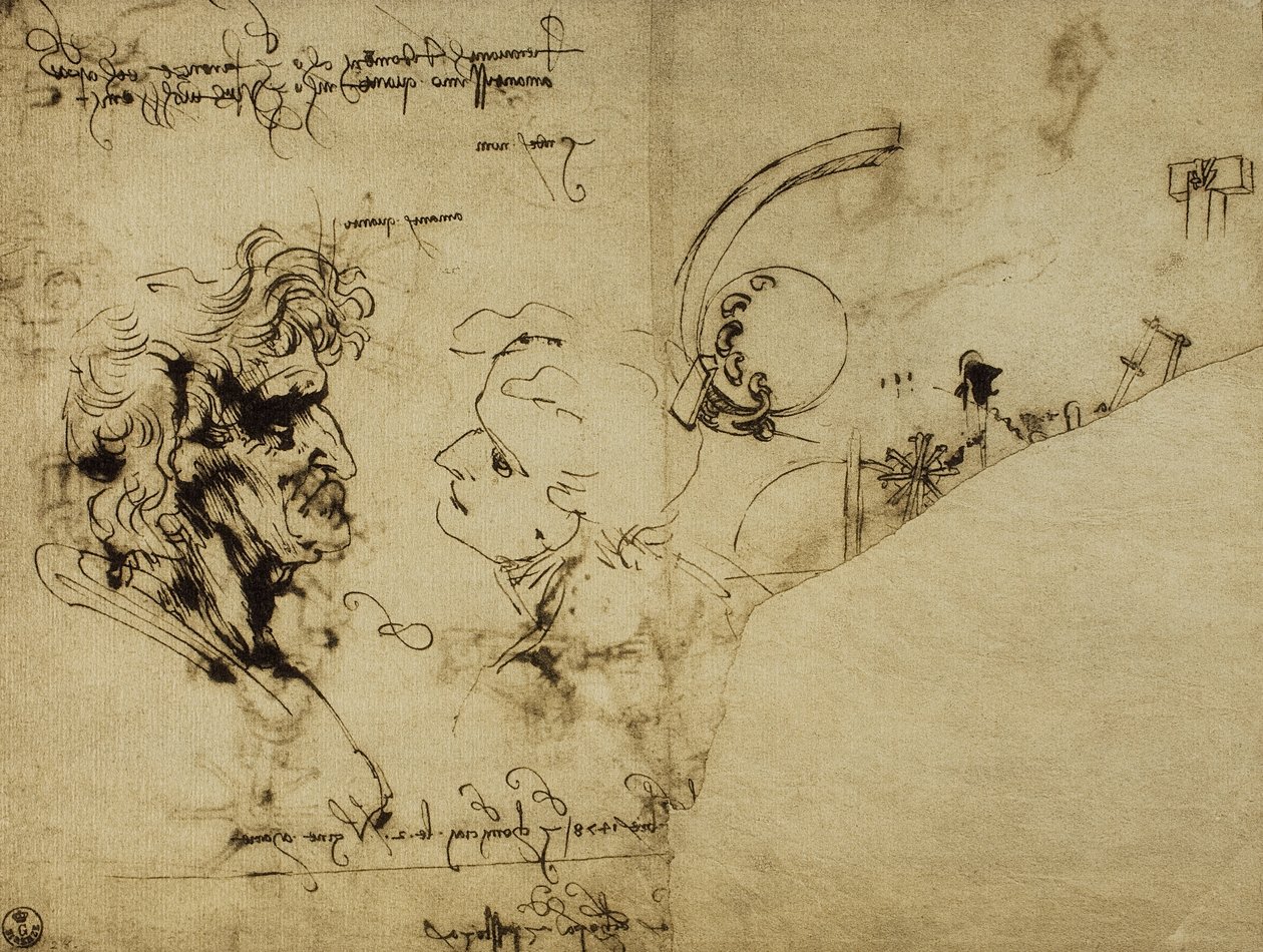 Studie av ulike figurer og gammel manns hode; tegning av Leonardo da Vinci. Cabinet of Drawings and Prints, Uffizi Gallery, Firenze av Leonardo da Vinci