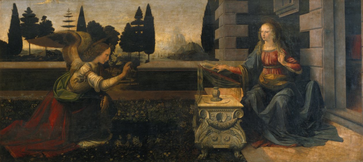 Bebudelsen, 1472-75 (forhåndsrestaurering) av Leonardo da Vinci