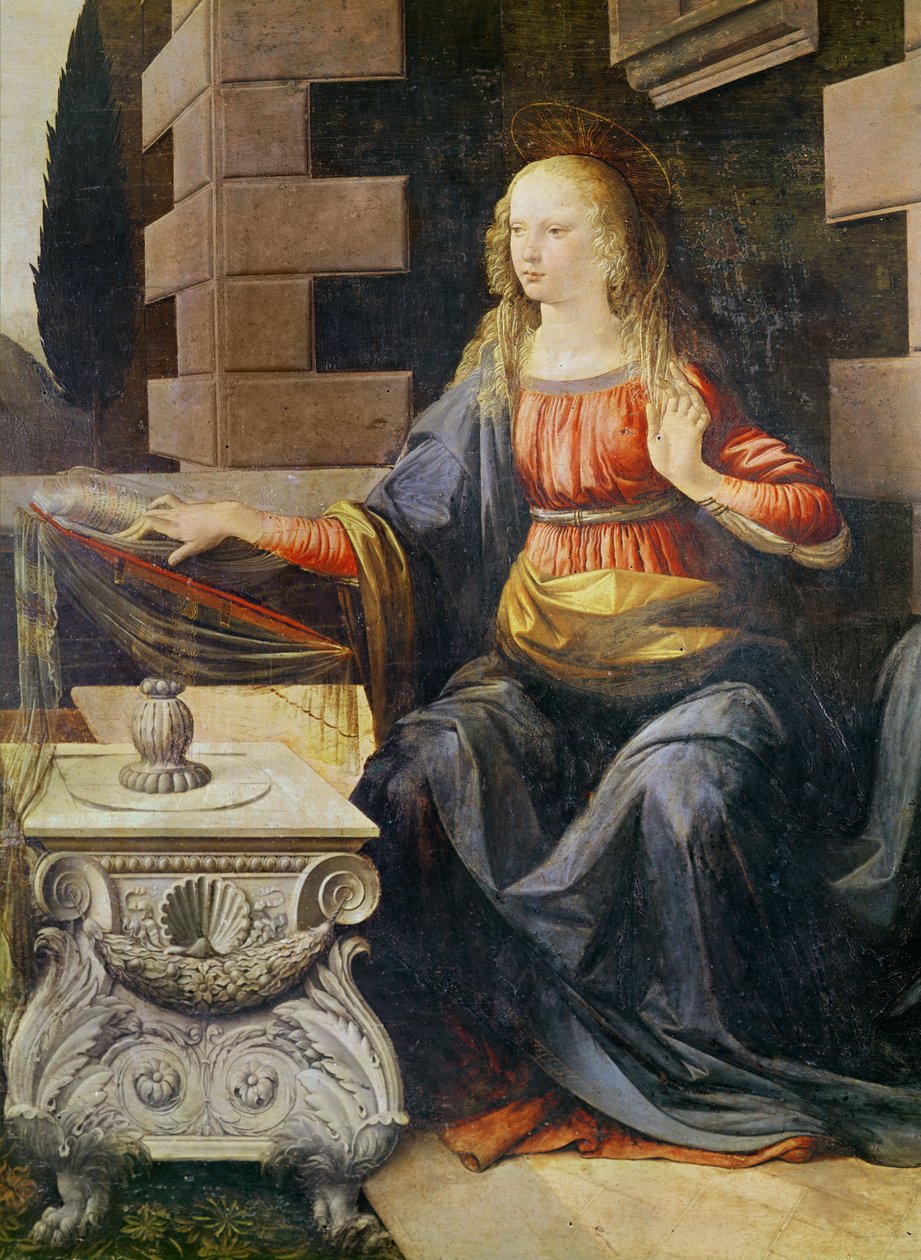 Bebudelsesdetaljen til jomfruen, ca. 1472-1475 olje på tre av Leonardo da Vinci