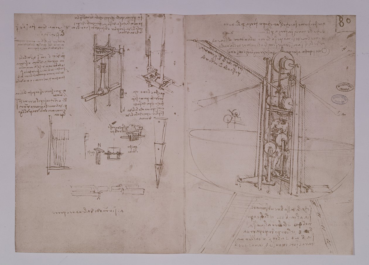 Vertikalt stående fuglevinget flyvemaskin, fol. 80r fra Paris Manuscript B, 1488-90 (penn og blekk på papir) av Leonardo da Vinci