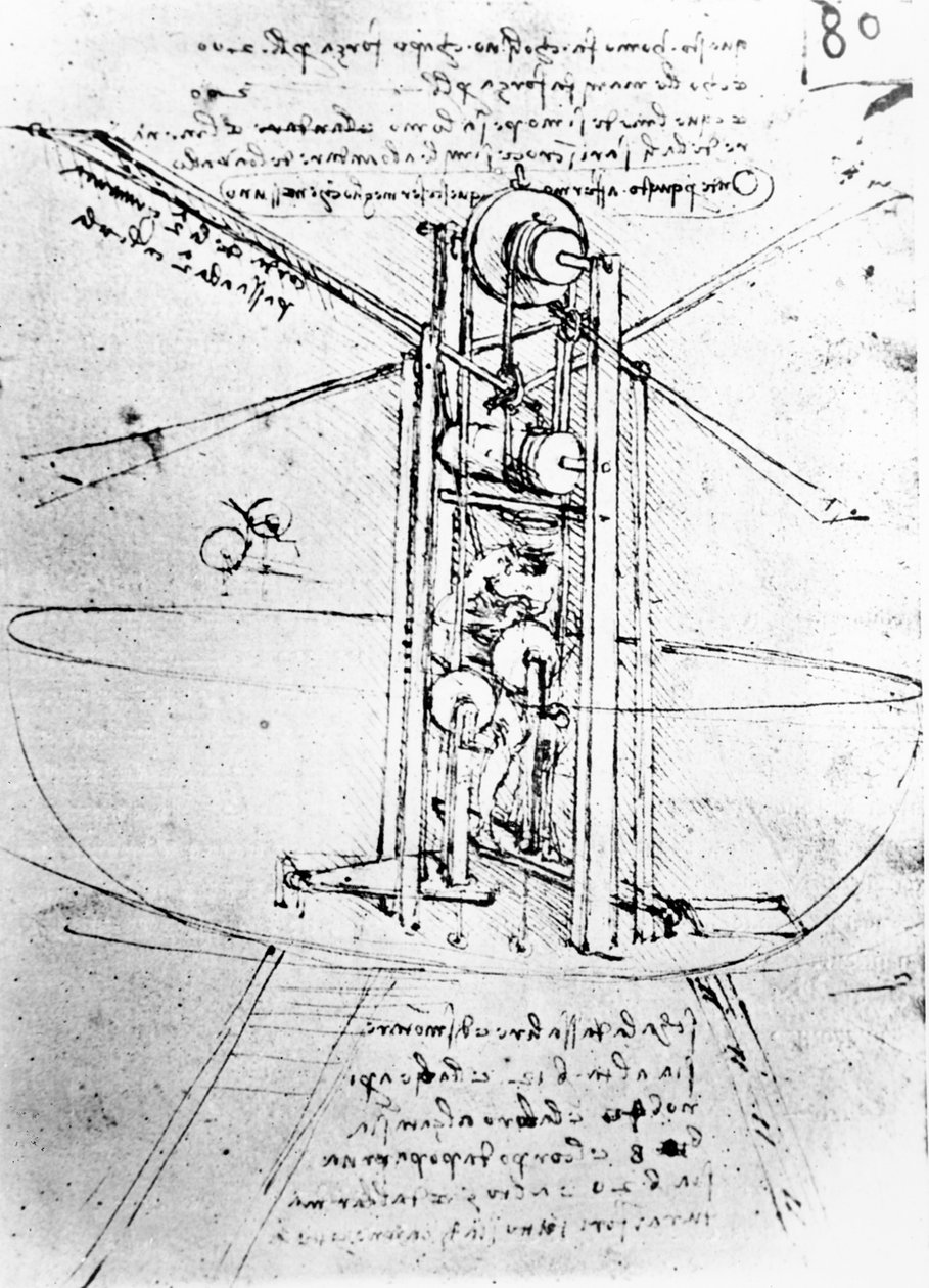 Vertikalt stående fuglevinget flyvemaskin, fol. 80r fra Paris Manuscript B, 1488-90 (penn og blekk på papir) av Leonardo da Vinci