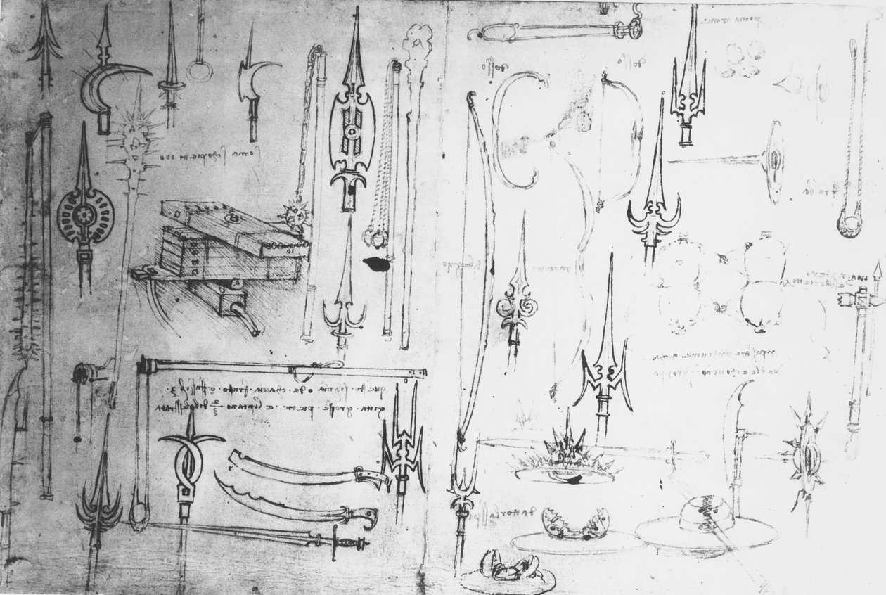 Våpen og skjold, ca. 1487-88 (metallstift med penn og blekk på papir) av Leonardo da Vinci