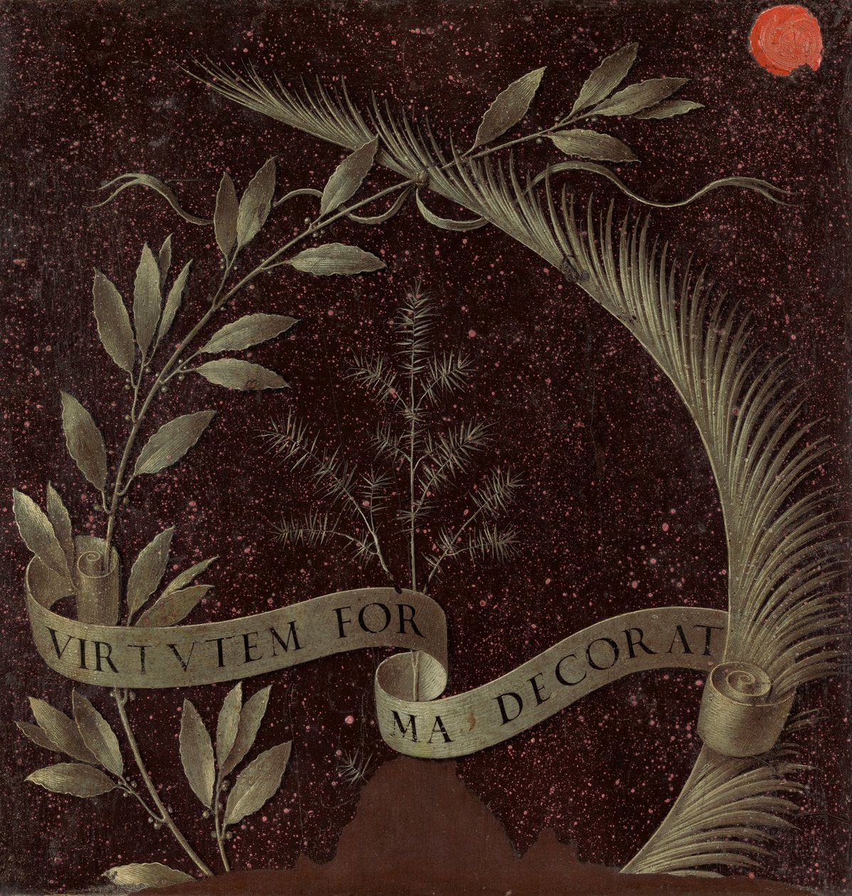 Krans av laurbær, palme og einer med en rulle påskrevet Virtutem Forum Decorat (omvendt) av Leonardo da Vinci