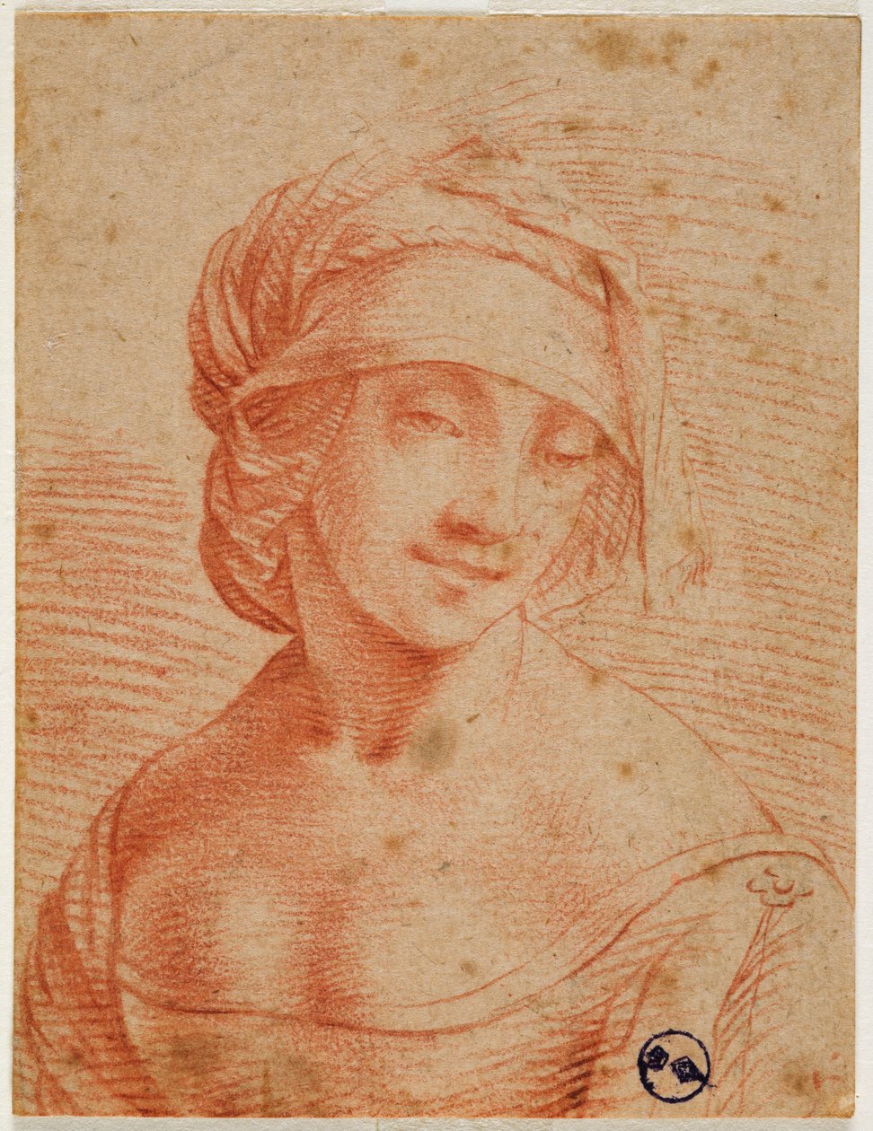 Byste av en ung kvinne med lue, første halvdel av 1500-tallet (blod på papir) av Leonardo da follower of Vinci