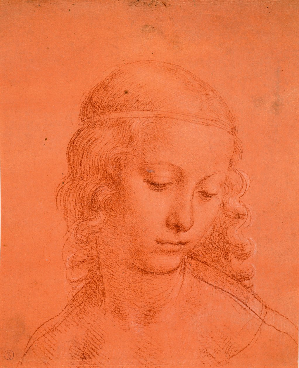 Jomfruens hode, ca. 1508-10 (blod med innslag av hvit lakk på forberedt rødt papir) av Leonardo da school of Vinci
