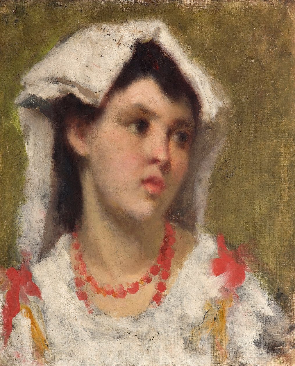 La ciociara Portrait de paysanne de la region de la Ciociaria pres de Rome (Ung dame fra Ciociaria nær Roma) Peinture de Leonardo Bazzaro (1853-1937) Collection privee av Leonardo Bazzaro