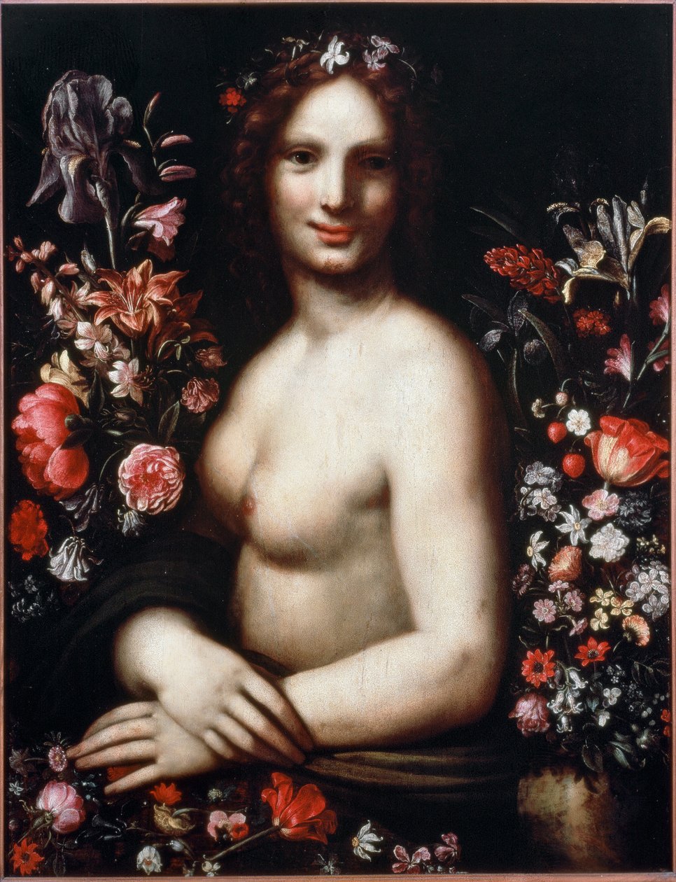 Byste av en ung kvinne kalt Flora (Flora) blant blomstene Modellen skulle være Mona Lisa (Mona eller Monna Lisa) maleri etter en tegning av Leonardo da Vinci (Leonard de Vinci) (1452-1519) 1600-tallet Bergamo, accademia Carrara av Leonardo da (after) Vinci