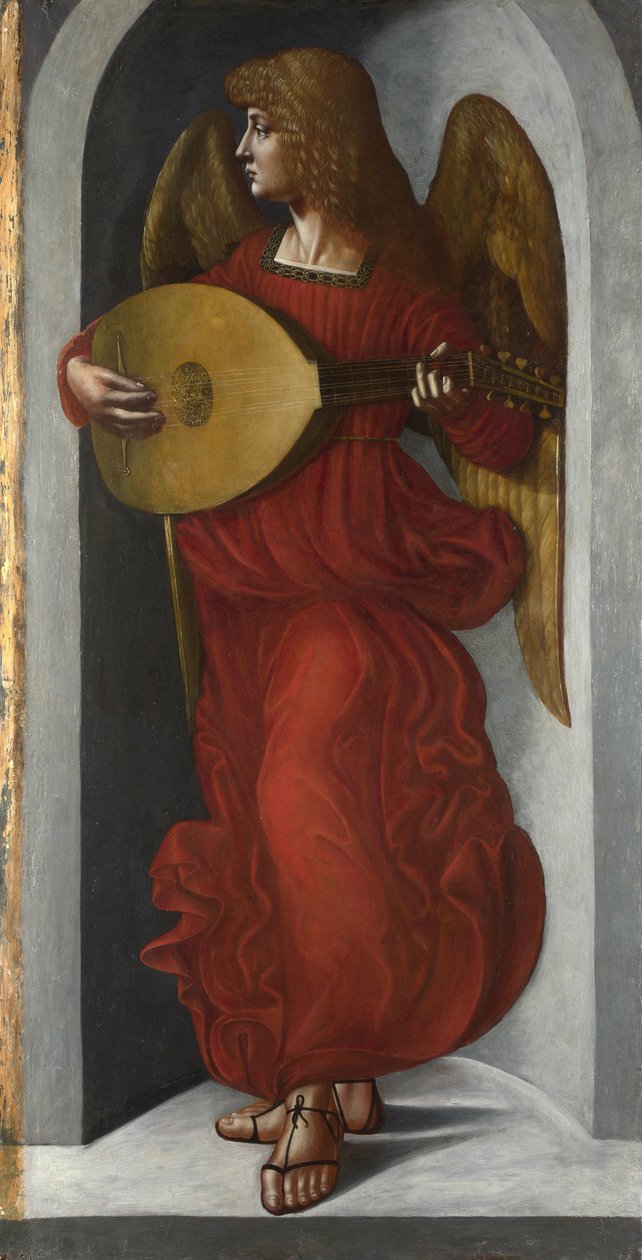 ""An Angel in Red Playing the Lute"" Maleri fra følget til Leonardo da Vinci (Leonarda da Vinci) (1452-1519) ca. 1490-1499 London National Gallery av Leonardo da (circle of) Vinci